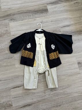Baby Kimono Jacket and Striped Romper Set - Black & Cream